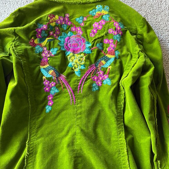 Johnny Was M Green Corduroy Embroidered Jacket Wearable Art Birds Heart - Picture 12 of 15